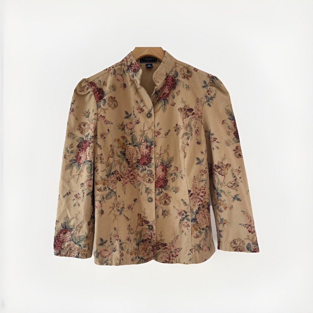 Cottagecore Chaps Denim Womens M Jacket Tan Floral Puff Sleeve Mandarin Collar